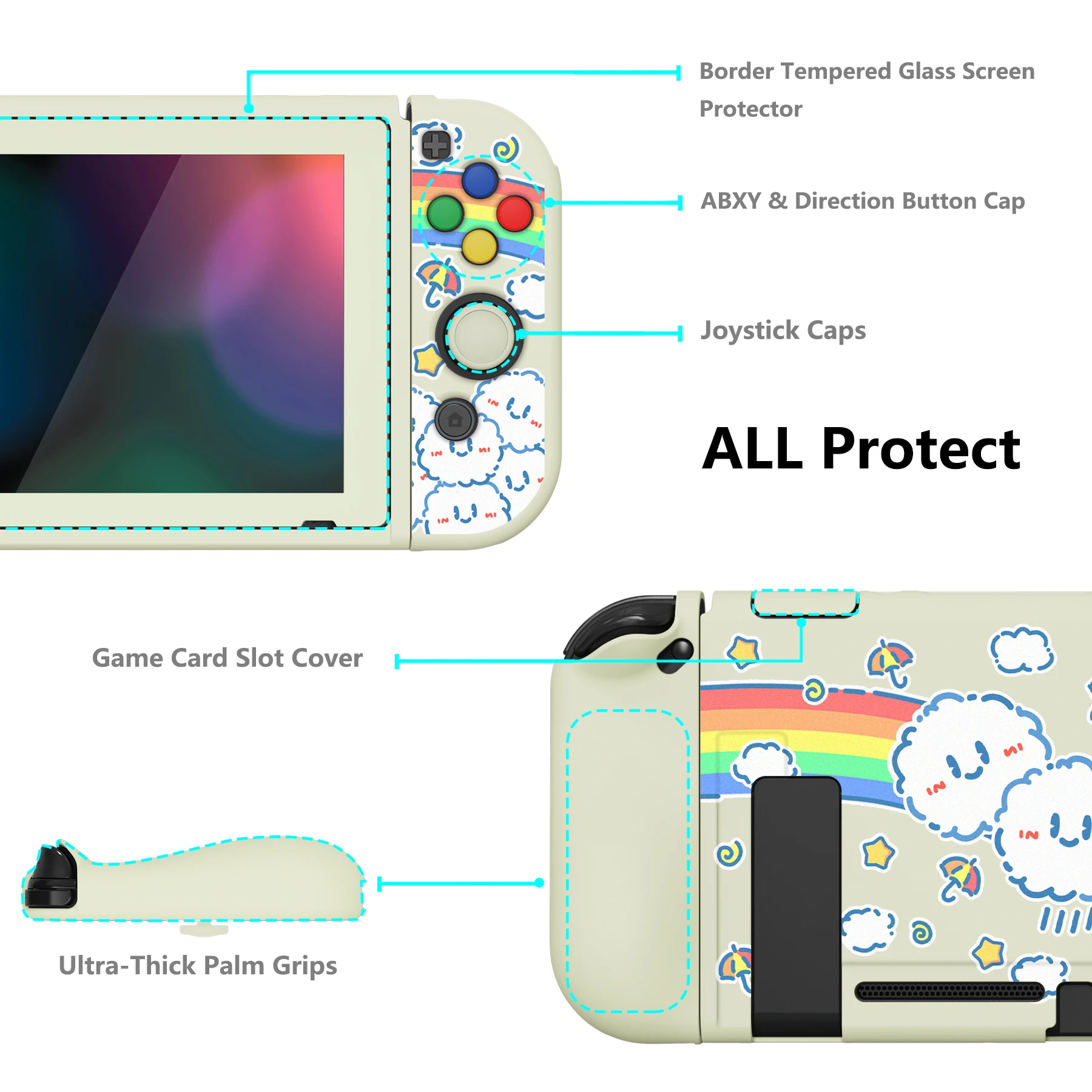 PlayVital ZealProtect-funda protectora suave para interruptor, Protector de pantalla de vidrio templado, tapas de Botón de dirección y empuñaduras de pulgar