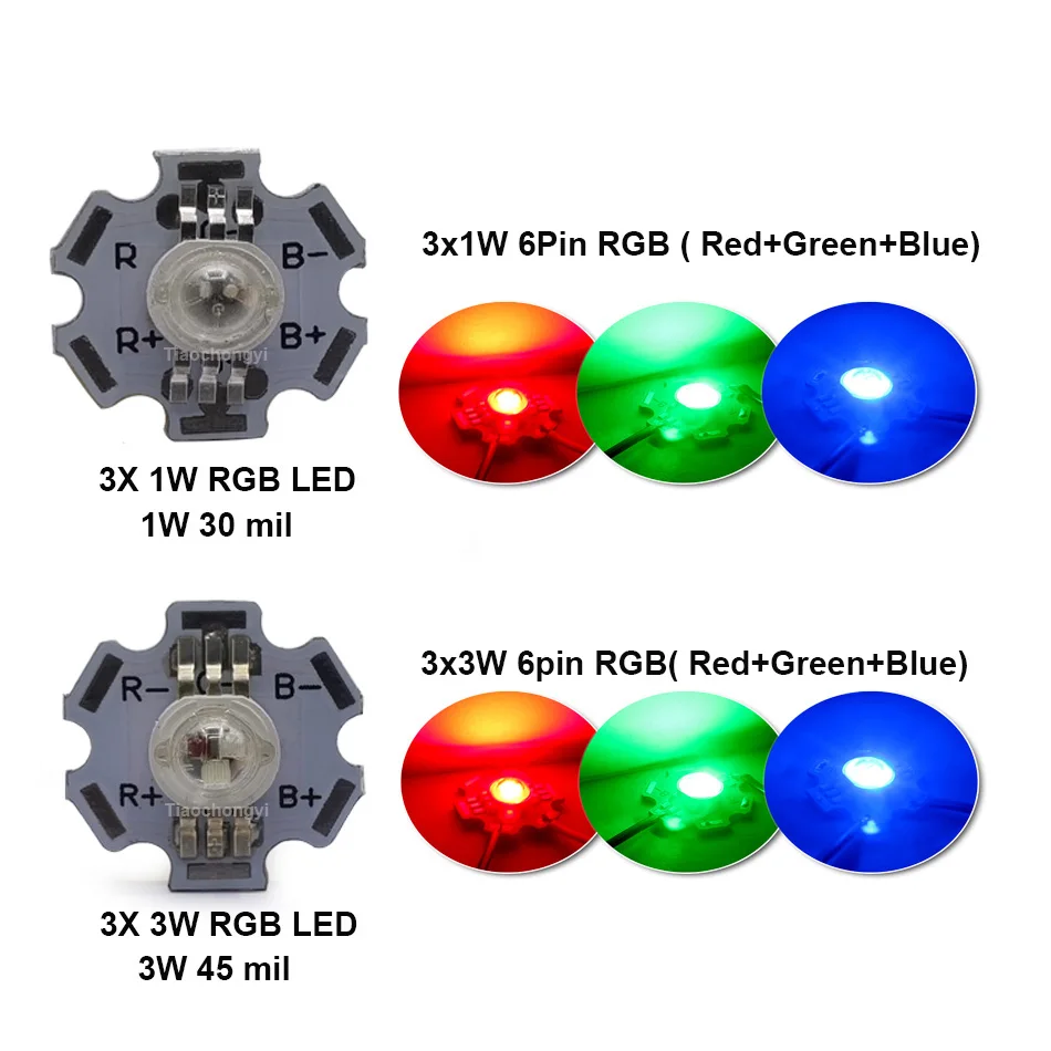 3 واط RGB مصباح LED عالي الطاقة LED رقاقة 6pin 3X1W 3X3W الباعثة للضوء ديود أحمر أخضر أزرق مع 20 مللي متر لوحة دارات مطبوعة