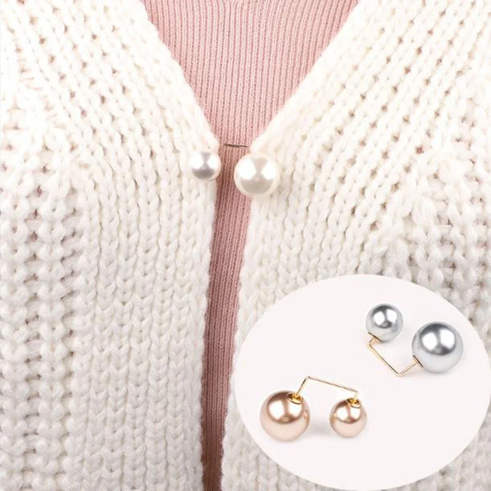 Women Fashion Tightening Waistband Pin Double Pearl Brooches Metal Lapel Pin Brooch Pins Sweater Shirt Cardigan Brooch