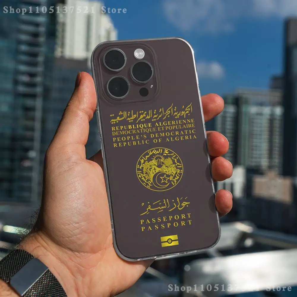 アルジェリアパスポート柄 iPhoneケース iPhone 17,16,15,14,13,12,11 Pro,Max,Plus,X,XS,XR,SE4,E Mini対応 透明ソフトカバー