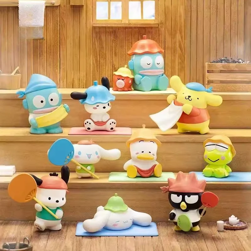 Sanrio characters enjoying a sauna: Pachi Dog Cinnamon Dog Ugly Fish, Pudding Dog, Cool Penguin, Big Eye Frog blind box figurine
