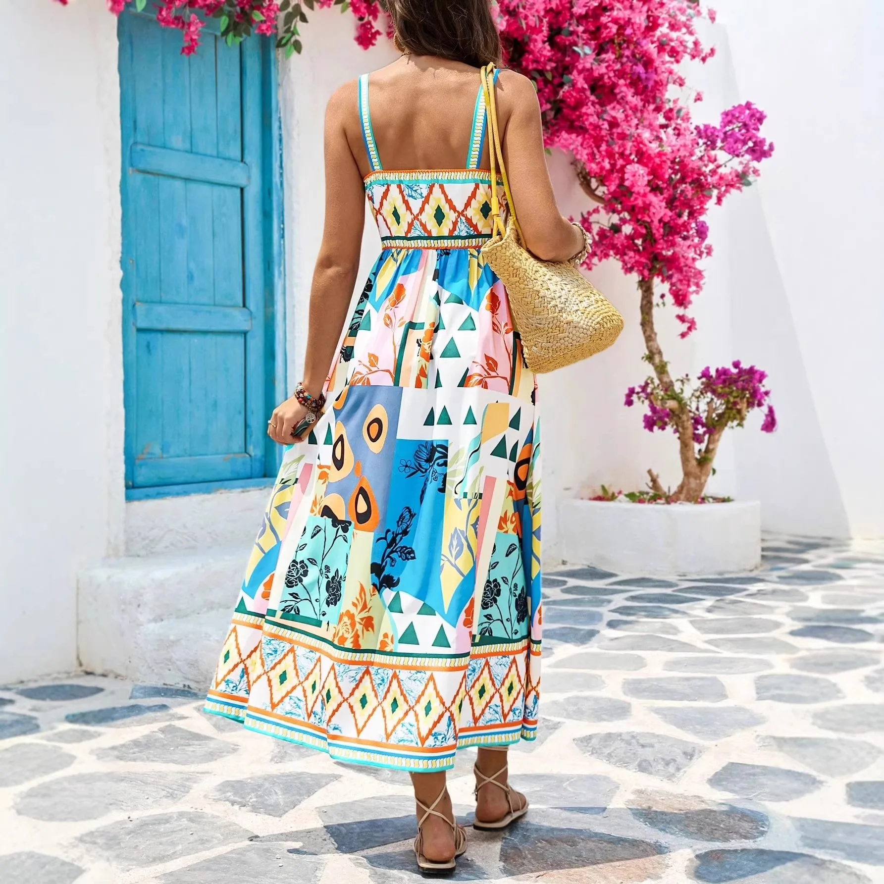 Sexy Backless Sleeveless Printed Maxi Dress Summer Bohemian Floral Long Dresses