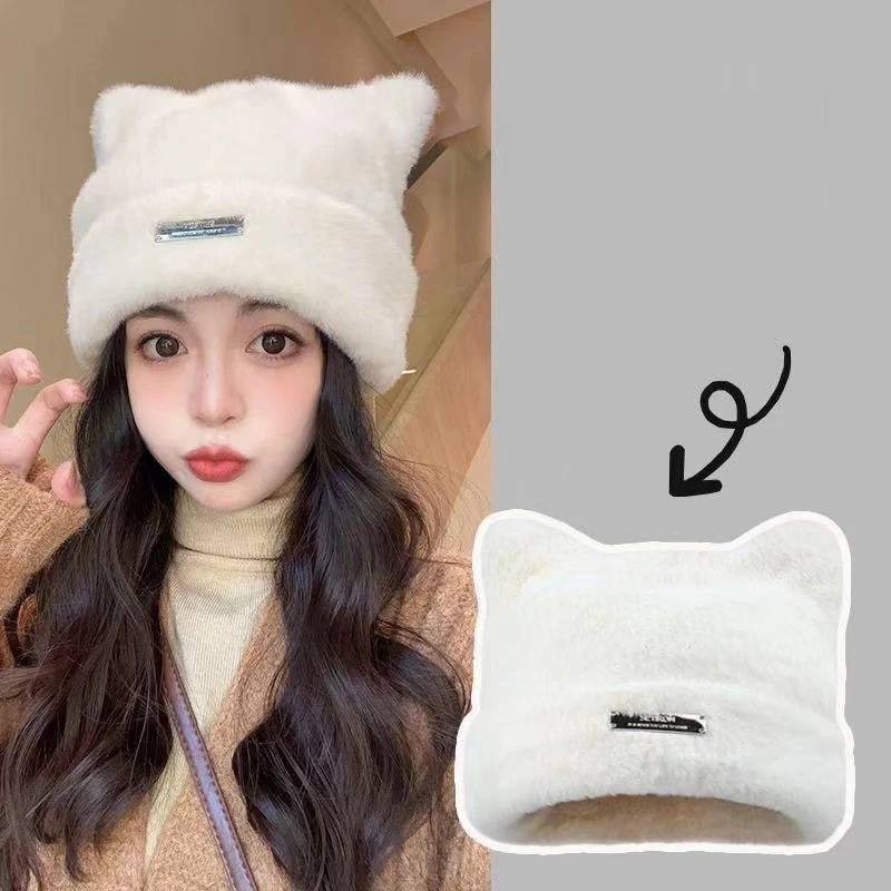 Women Cute Cat Ears Hats 2024 New Korean Fashion Versatile Autumn Winter Plush Warm Caps Solid Color Minimalist Knitted Beanies