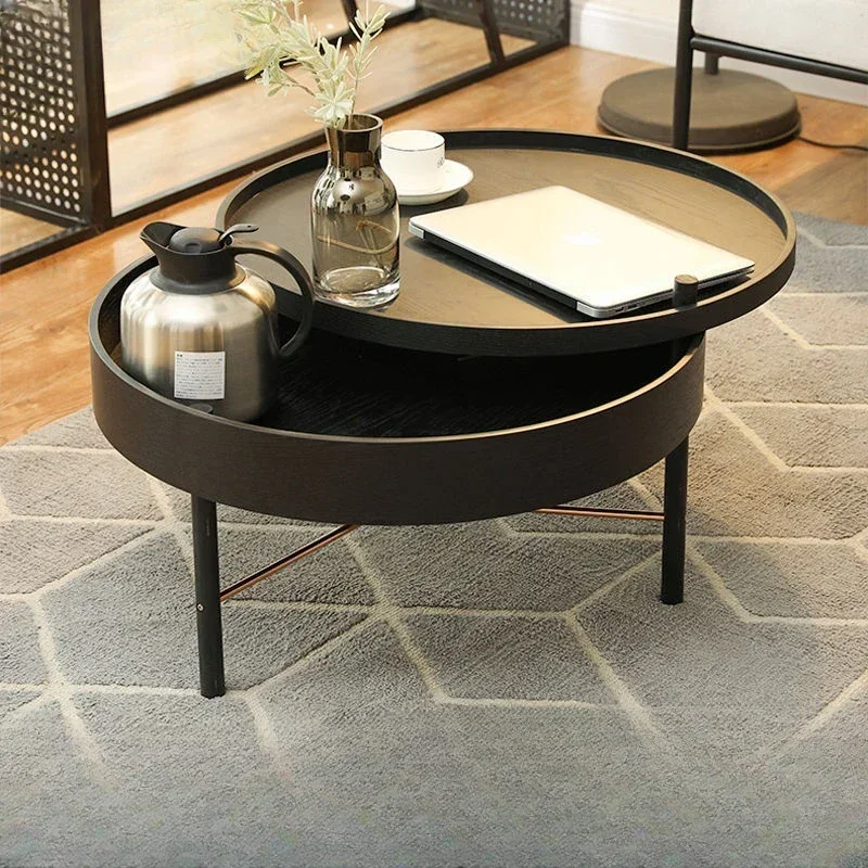 Nordic luxury desktop small-sized coffee table multifunctional combination rotating storage solid wood small round table living
