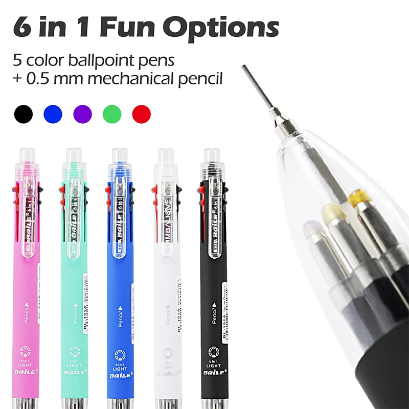 

1 Piece 6 In 1 Multicolor Ballpoint Pens 5 Colors Ball Pen 1 Automatic Pencil With Eraser For School Office Writing Supplies