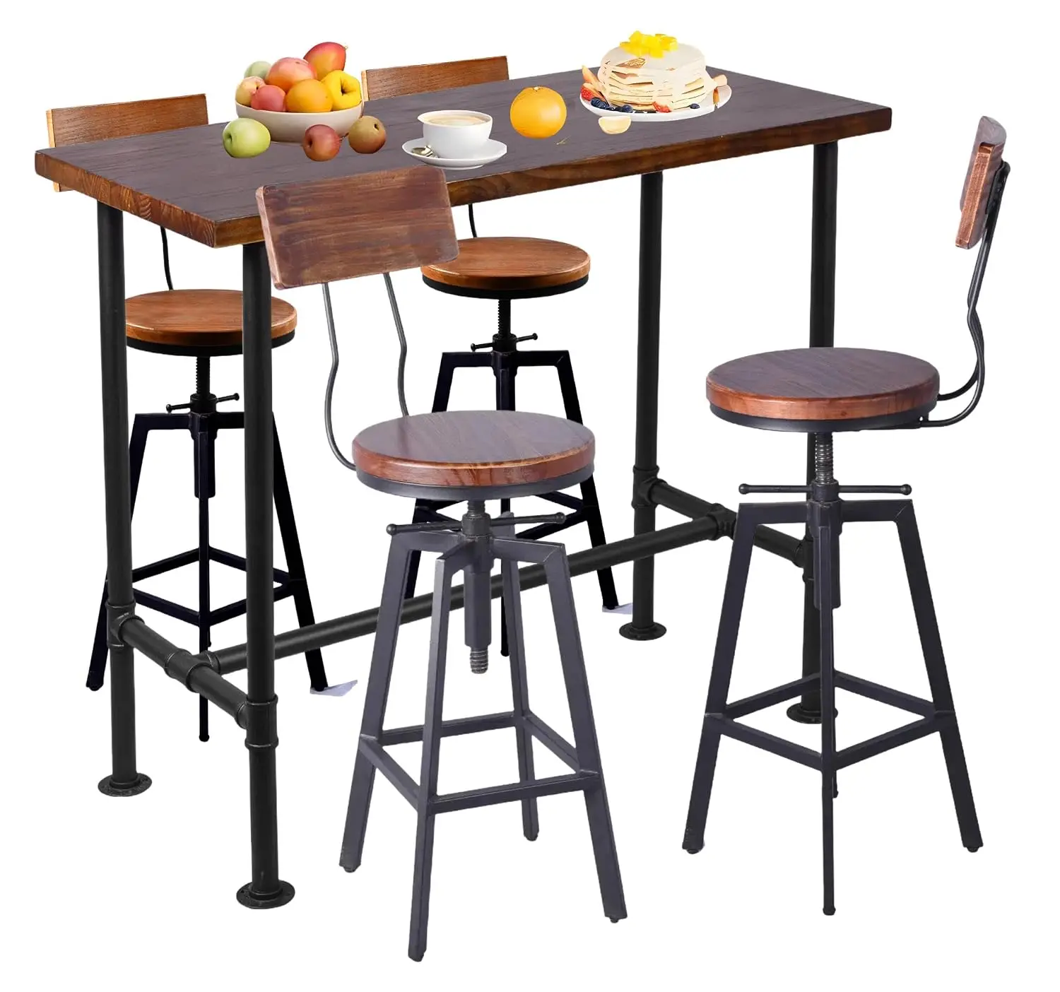 Industrial Bar Table & Stool Set 5-Piece Pipe Dining Pub Counter Height Adjustable Backrest Black, Customized