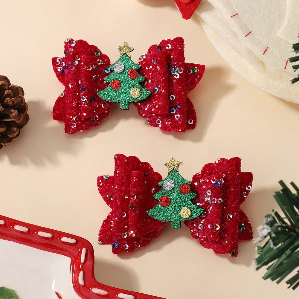 2Pcs/Set Baby Girls Christmas Hair Clips Glittle Bows with Antlers Santa Claus Snowflake Hairpin Shiny Headwear Hair Accessories