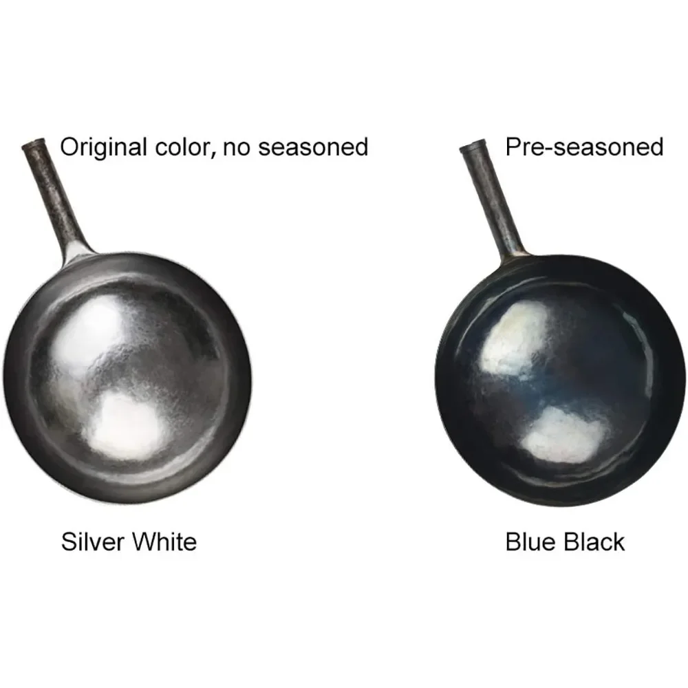 مقالي حديدية مطروقة يدويًا ومقالي قلي تحريك، غير لاصقة، بدون طلاء، قوة من الفولاذ الكربوني (34 سم، أزرق أسود متبل #5