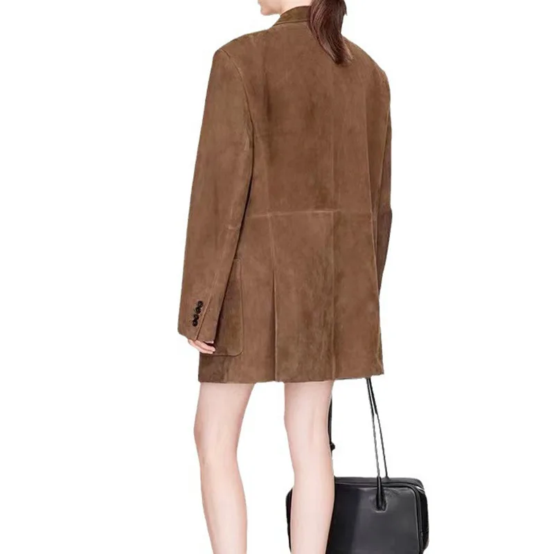 Vintage Brown Cowhide Suede Jacket for Women Spring  Maillard Color Loose Oversize Real Leather Suit Blazer Female Casual Coat