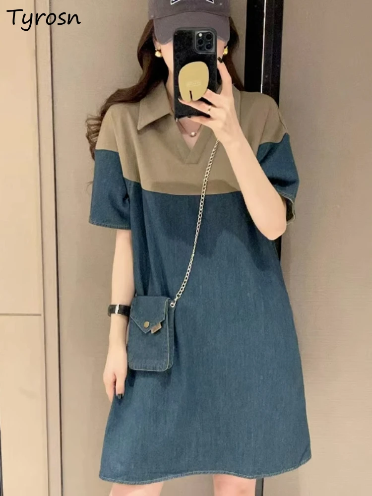 

Short Sleeve Mini Dresses Women Contrast Color New Patchwork Summer Loose Straight Dress Baggy All-match Denim Turn-down Collar