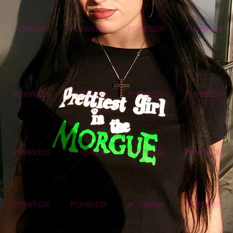 prettiest girl in the morgue print punk Gothic Crop tops Y2k Vintage Harajuku T-shirt Streetwear Hip hop Baby Tees Y2K Clothes