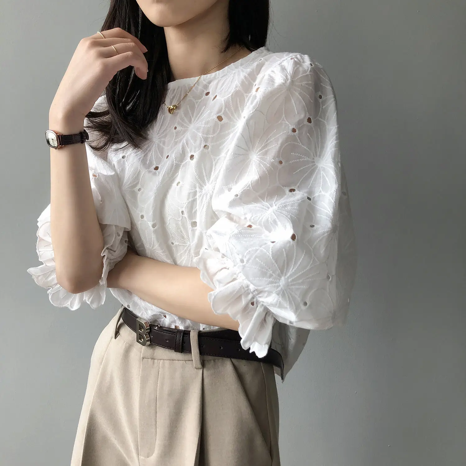 Spring Summer Elegant Ruffles Blouse Hollow Out Shirt 3/4 Sleeve O-Neck Embroidery Floral Tops Female Fashion Casual Shirt