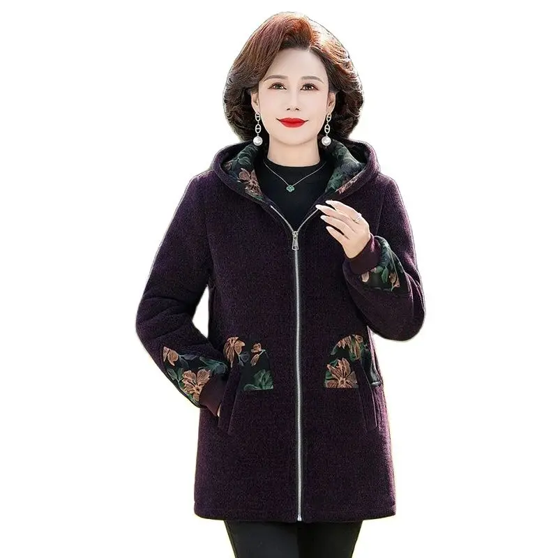 

Middle-aged And Elderly Mothers Winter Cotton-padded Fashion Style Hooded Stitching Temperament Long Warm Coat Woman 5XL.