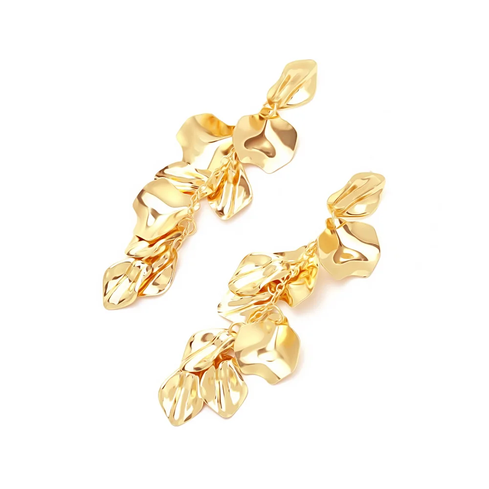 Goldfarbene Blütenblatt-Ohrhänger für Damen, Vintage Metall-Blatt-Quasten-Ohrringe, Bohemian Statement-Schmuck Geschenke – Detail 5
