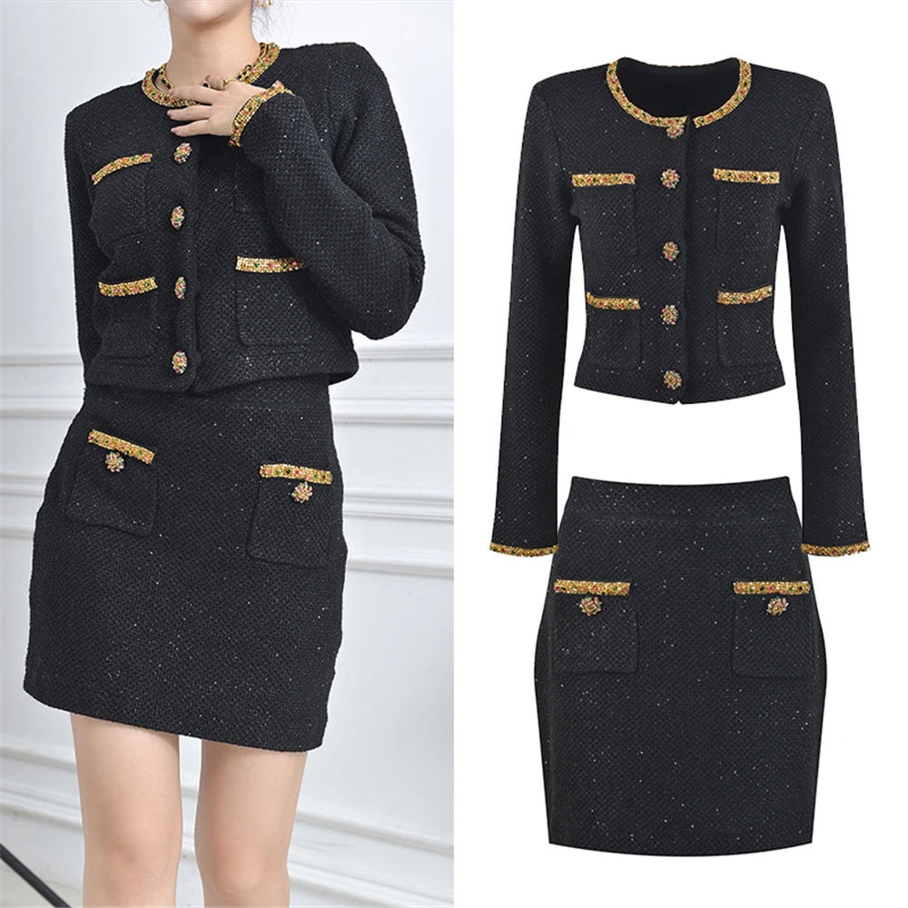 

Высококачественная версия, роскошный вязаный кардиган на пуговицах с блестками, комплект из джата и юбки, модный женский ансамбль, осень 2023, осень