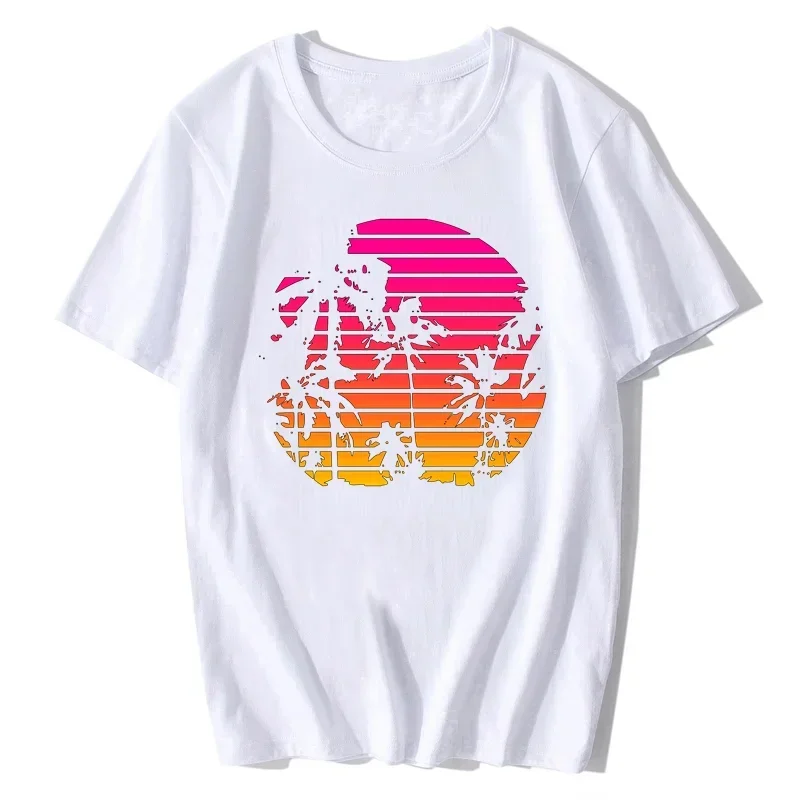 Cartoon T Shirt Men Unisex New Fashion Tees Black Navy T-shirt Sunset Palm Tree Outrun Synthwave New Retro Wave Sweatshirt 2024