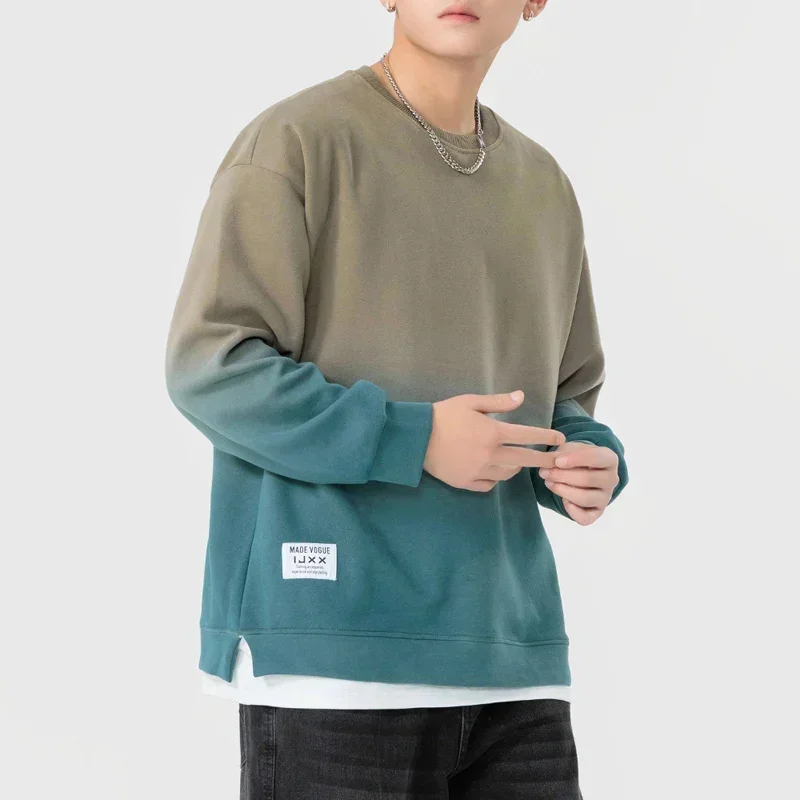 Spring Sweatshirts Men Fake Two Design Long Sleeves Gradient Color O Neck Fashion New in Sweaters for Men