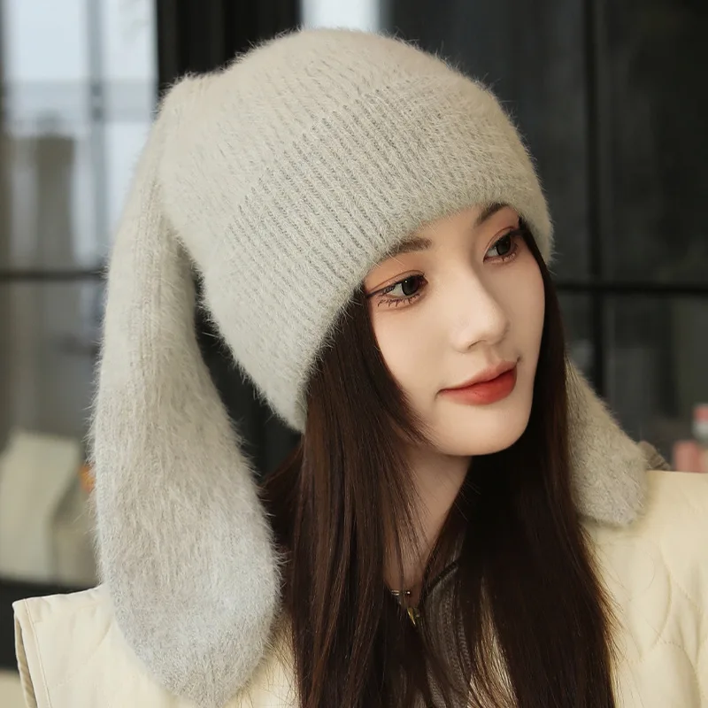 Hat Women Winter Angora Knit Beanie Rabbit Ears Design Autum Warm Accessory For Cold Weather Outdoor Skiing Sports Holiday