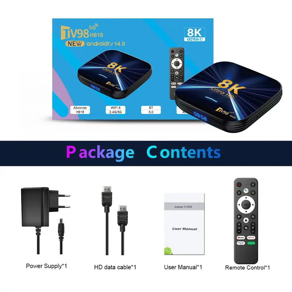 صندوق تلفاز Salange TV98 H618 بدقة 8K Ultra HD يدعم أكثر من 4000 تطبيق في متجر Google Play، نظام تلفاز ذكي يعمل بنظام Android، متوافق مع HDMI