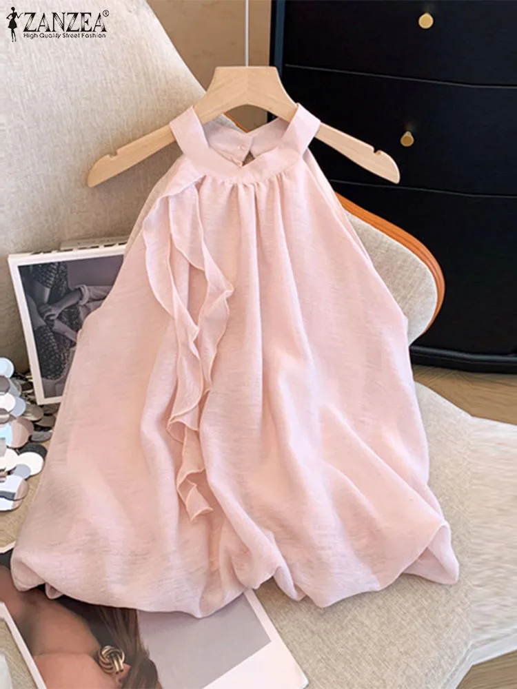 

ZANZEA Korean Halter Ruffles Camis Women Elegant Sleeveless Chiffon Tanks Tops 2024 Sweety A-line Vest Vintage O-line Tanks Tops