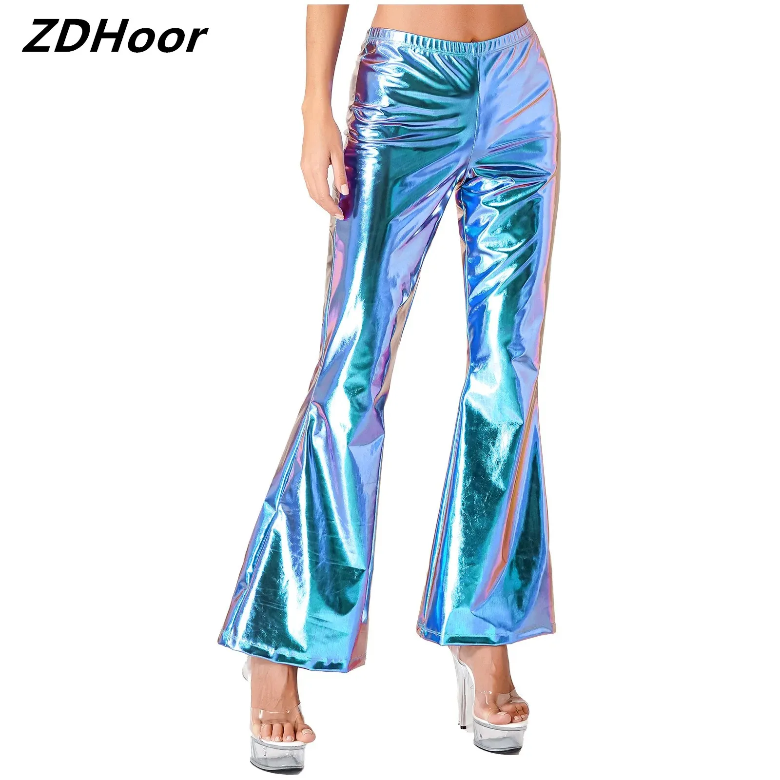 

Fashion Womens Flare Pants Shiny Metallic Holographic Disco Jazz Dance Pants Bell Bottom Trousers Clubwear for Party Performance