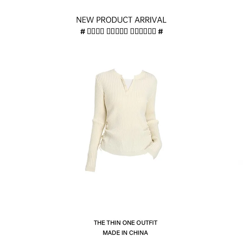 브이넥 니트 롱 슬리브 버튼업 페이크 투피스 여성용 스윗 젠틀 허리 조임 탑 가을 겨울 베이스 레이어