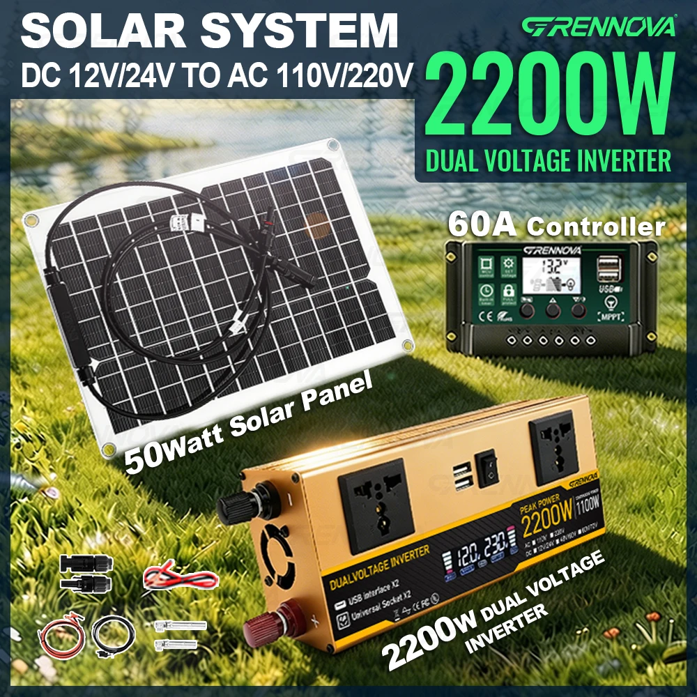 Emergency Dual Voltage Peak 2200W Solar System 50W Panel Inverter (Rated 1100W) 60A Controller Ready for Household & Outdoor Use