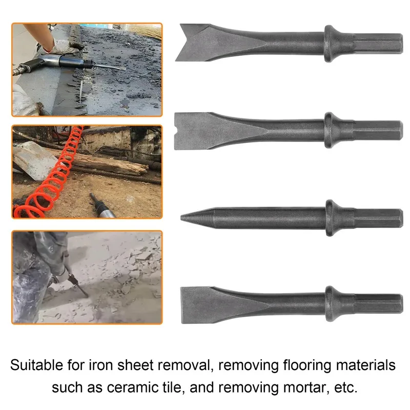 Conjunto de cinzel de martelo de ar, 4 unidades, haste hexagonal, cabeça de impacto de ar resistente para remoção de ferrugem, acessórios de ferramentas pneumáticas de corte