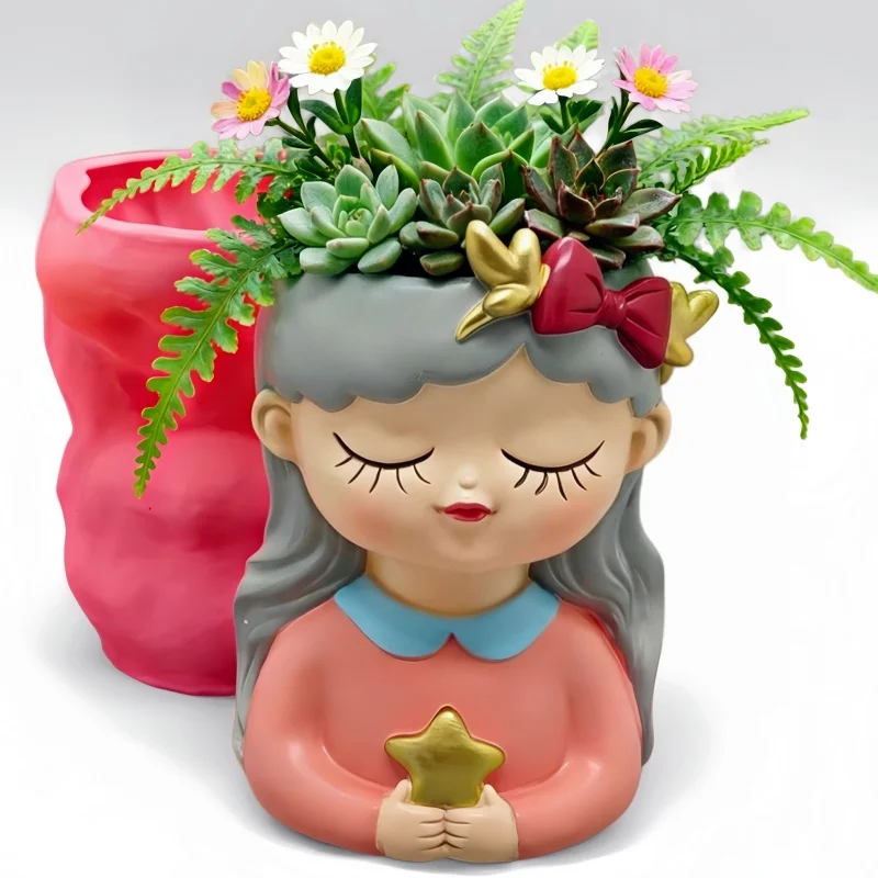 

Силиконовая форма для цементного цветочного горшка 2026 | Девочка с горшком для суккулентов в форме звезды | Инструмент для изготовления ваз из смолы и бетона своими руками