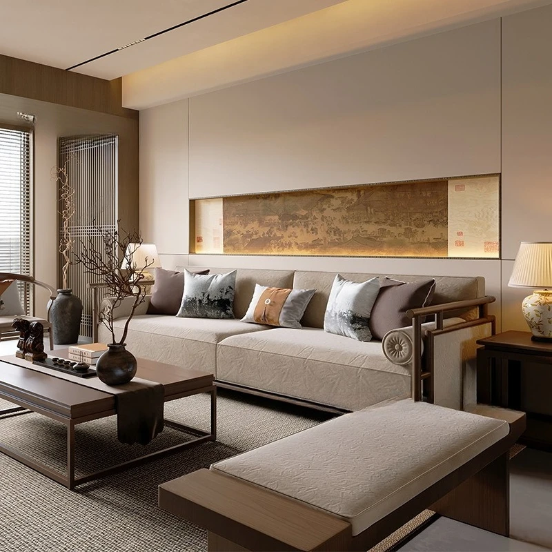 

Black walnut sofa Song-style aesthetic solid wood sofa Zen villa living room wabi-sabi furniture