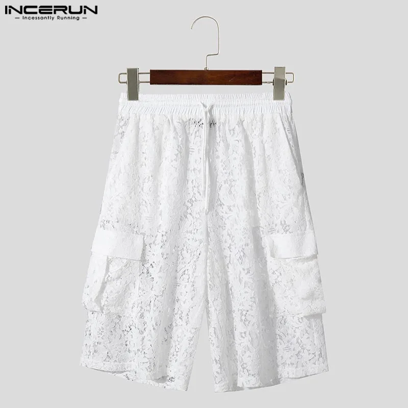 Мужские кружевные шорты, повседневные штаны INCERUN, свободные летние шорты, брюки, уличная одежда, модные мужские прозрачные шорты, мужская одежда