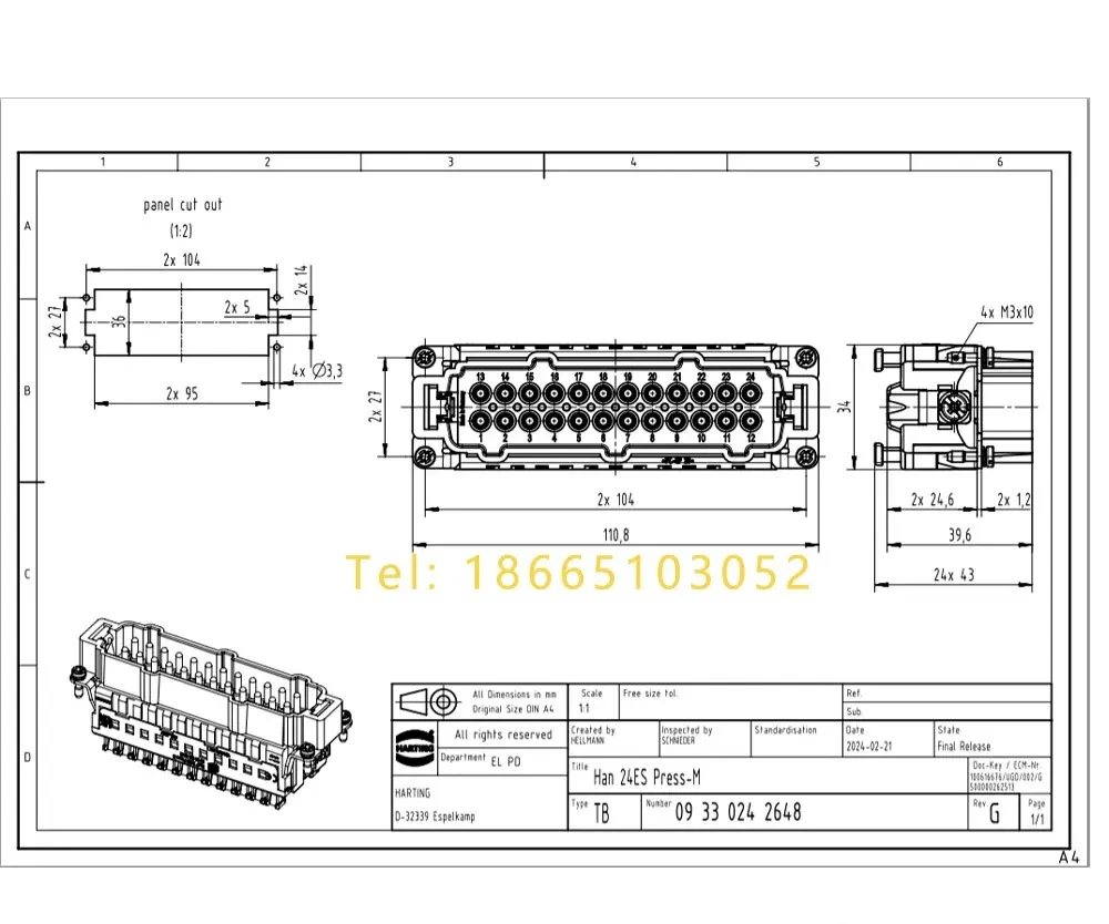 New 09330242648 HARTING Heavy Duty Connector 24 Pin Male Plug Shrapnel Wiring