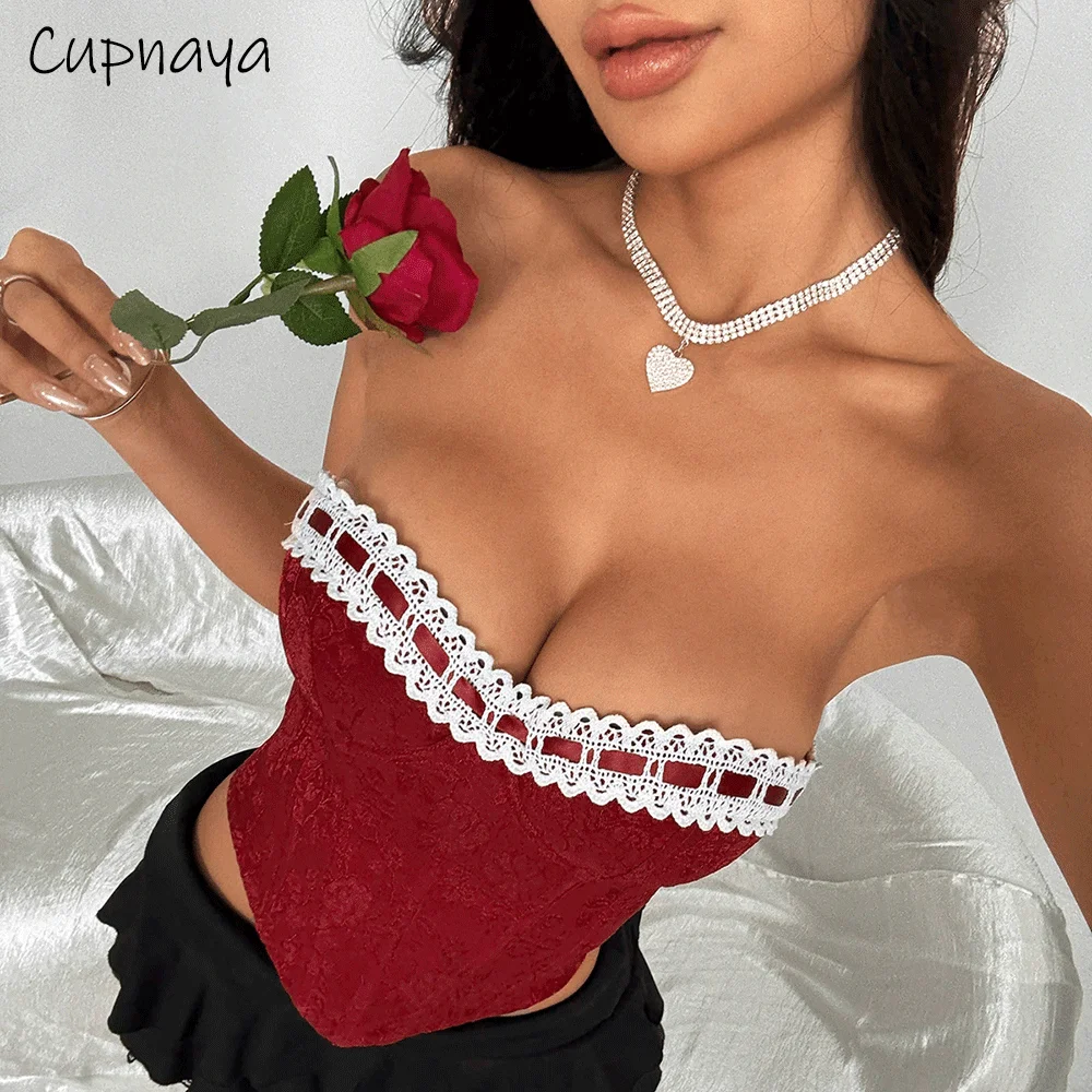 

Сексуальный женский корсет без бретелек бордового цвета из парчи с белой кружевной отделкой, бюстье в винтажном стиле для вечеринок, клубов и вечеринок