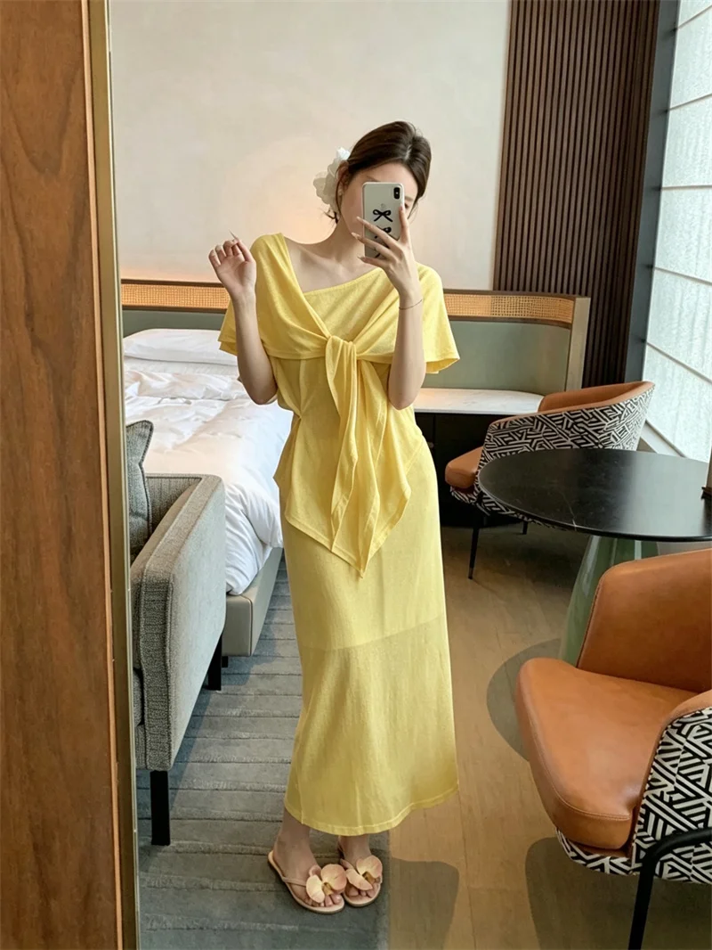 

Yellow Shoulder Wrap Short Sleeve round Neck Women's T-Shirt Summer Loose Midi Skirt Long Dress Two-Piece Set Fashionable Cas...