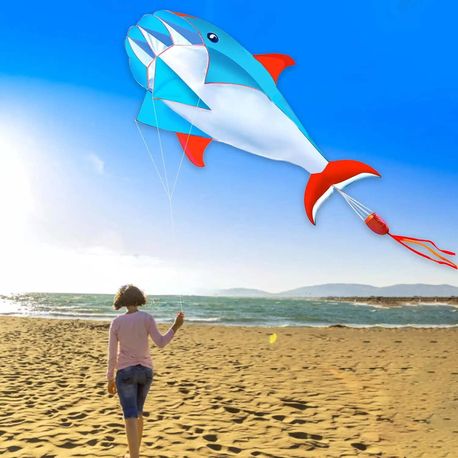 جديد وصول في الهواء الطلق متعة الرياضة خط واحد البرمجيات 57 بوصة الأزرق دولفين طائرة ورقية / الحيوان الطائرات الورقية مع 14 سنتيمتر عجلة خضراء تحلق جيد