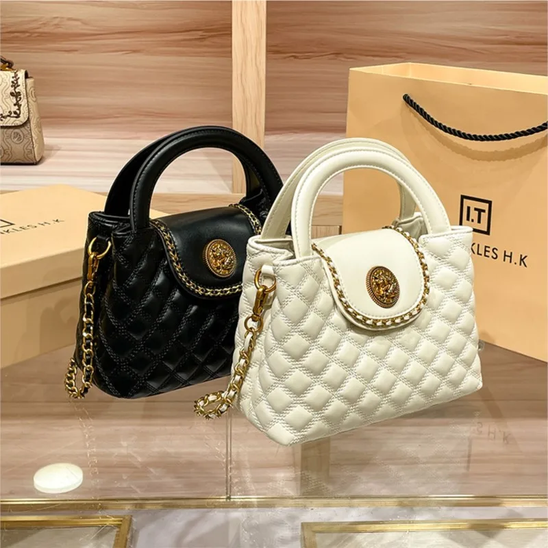 Brand genuine leather women\'s handbag, diamond grid chain bag, 2024 new high-end single shoulder bag, hand-held crossbody bag