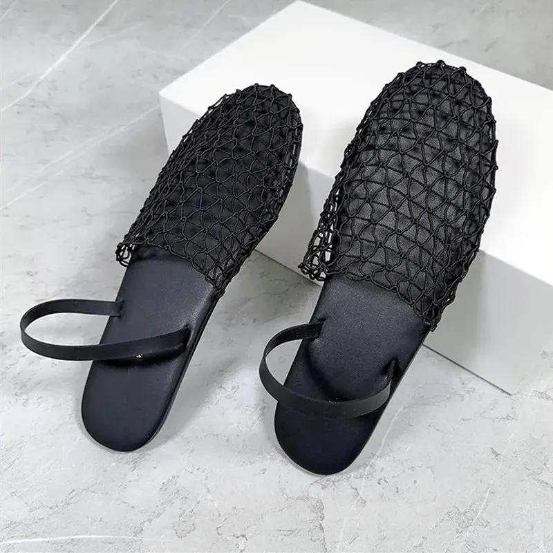 2024 Trending Black Mesh Flat Sandals Luxury Designer Weaving Dress Statement Female Hollow Breathable Slippers Low-top Shoes