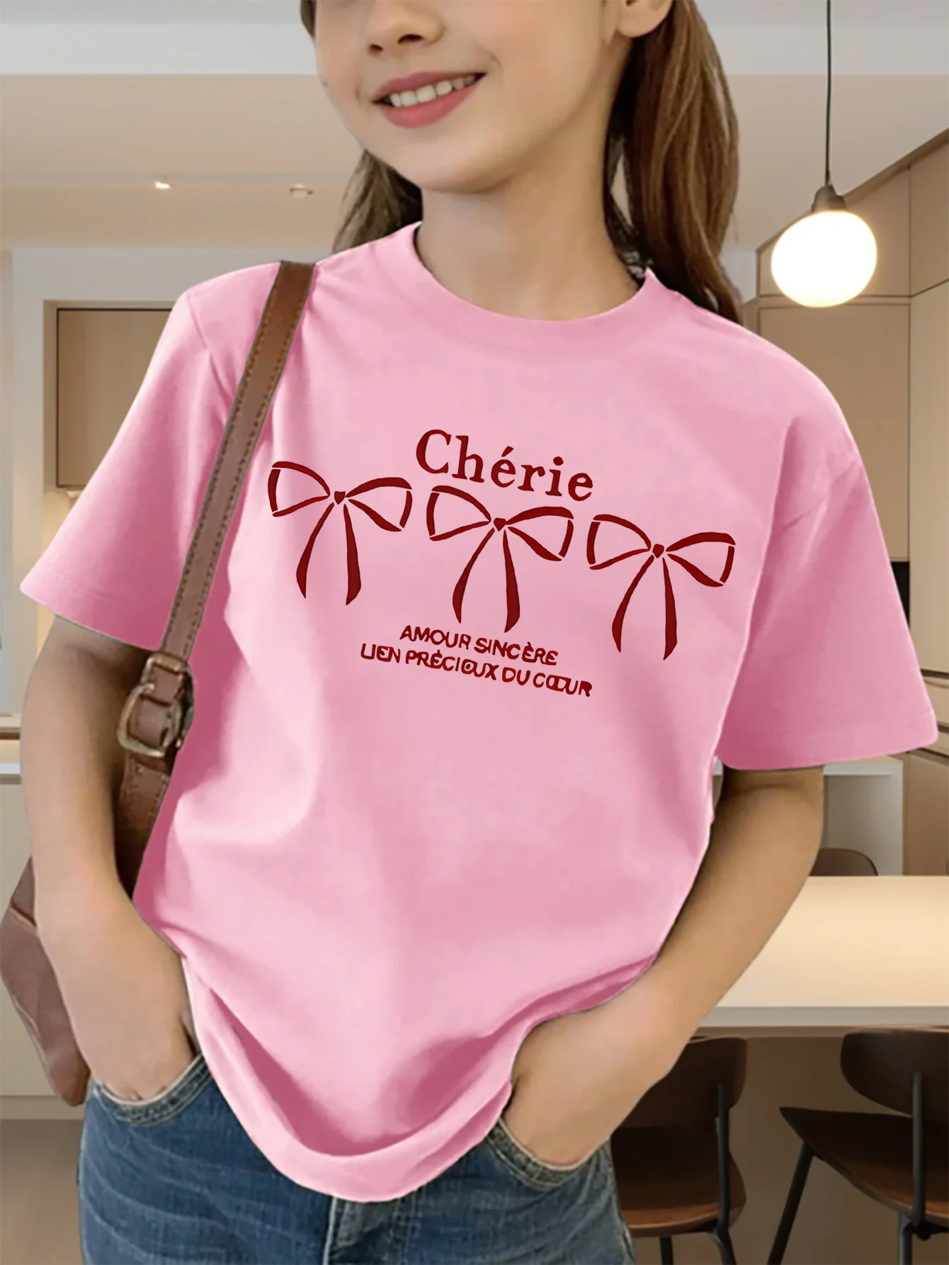 Cute Red Bow French Letter Print Graphic Kids Tee Boys Girls Family Matching Cotton Crew Neck Short Sleeve Soft Summer Tee