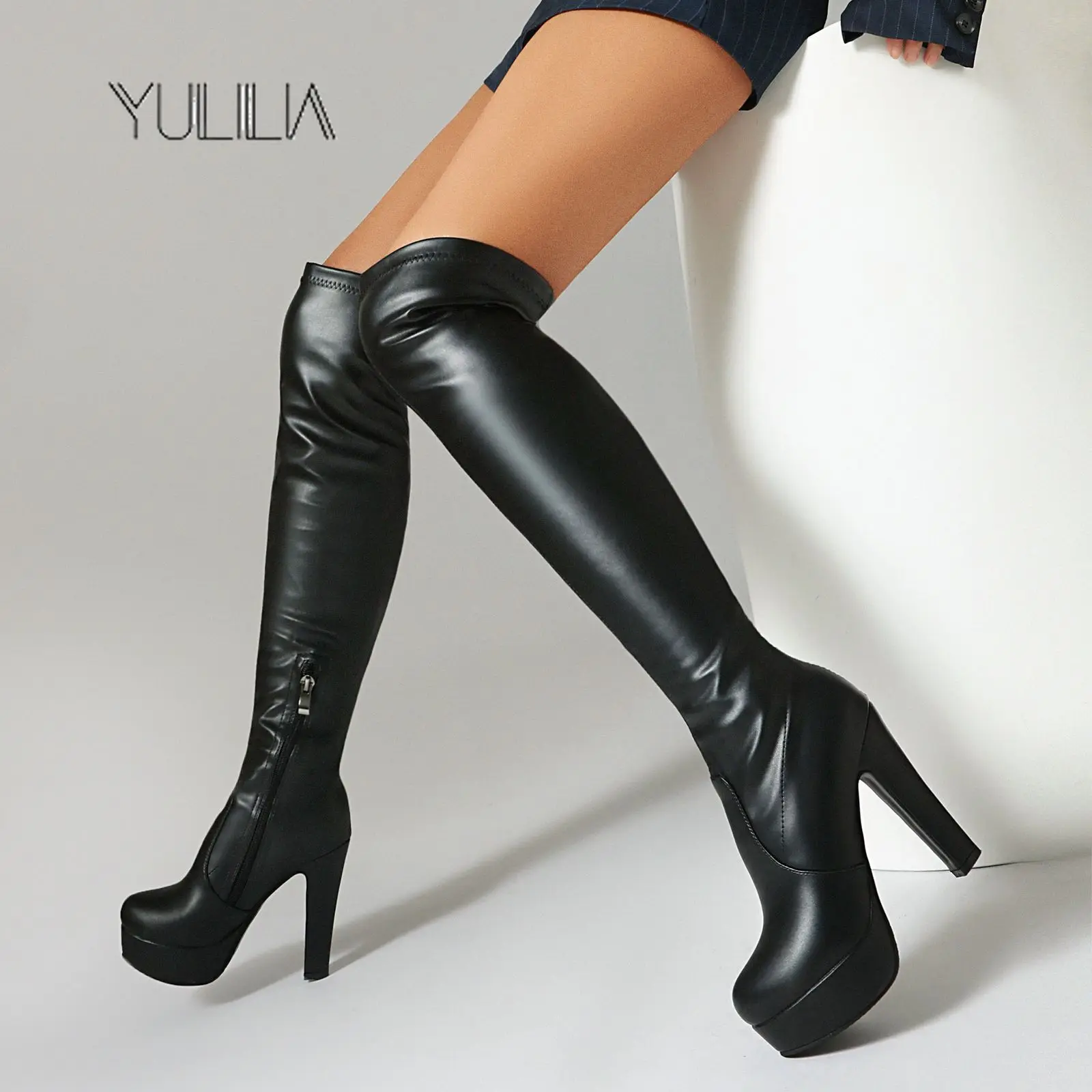 

YULILIA American Style Trendy Sexy Women's Thick High Heel Over Knee Boots With Side Zipper Office Lady Girl Nightclub Party