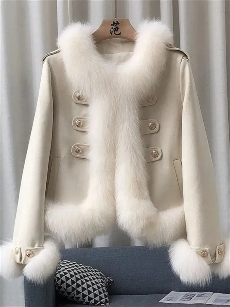 Combinaison en cuir à double boutonnage pour femme, veste d'optique, vêtements chauds pour femme, col en fausse fourrure, haute qualité, hiver, nouveau, 2024