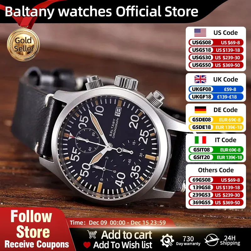 Baltany Quartz Chronograph S5045 Sunburst Blue Dial VK67 100M Stainless Steel Calendar Window Sapphire Vintage Military Watches