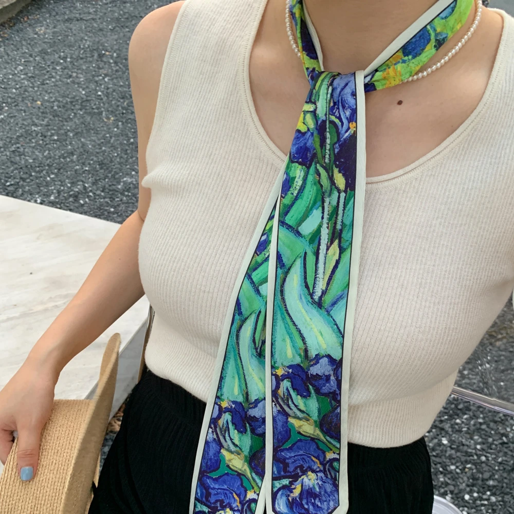 

High Grade Hairband Silk Feel Neckerchief Women Scarf Long Skinny Headbands Cute Tie Scarves Luxury Print Bag Scarf For Ladies