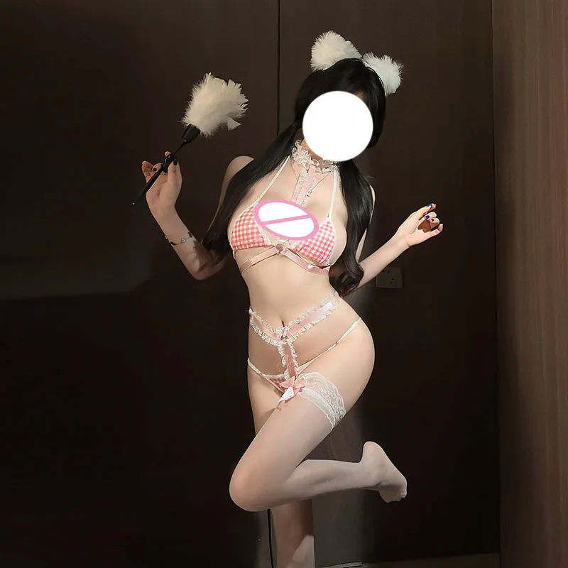 Japanese Sweet Lovely Maid Cosplay Three Point Bikini Pink Plaid Split Rope Clothing Lace Up Bra Pool Women Summer Swimwear New