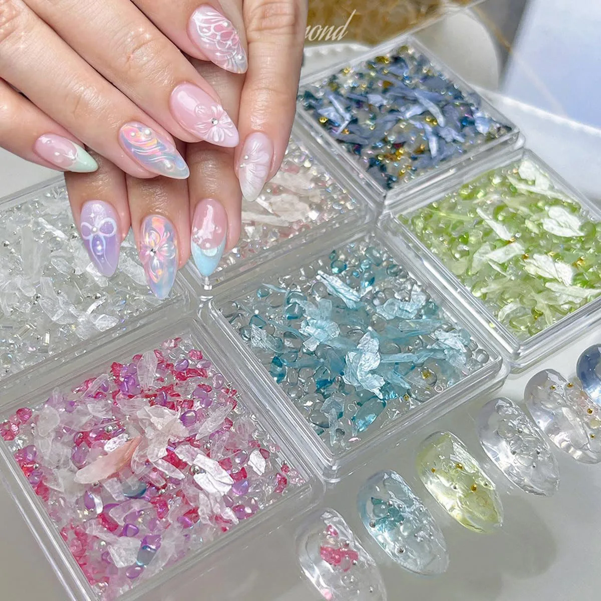 Breloques pour Nail Art en cristal irrégulier, 6 couleurs, bulle transparente, mélange de perles, flocons de Mica, strass, décoration de manucure