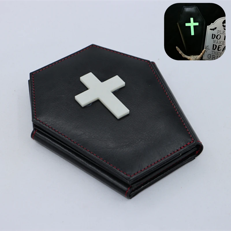 Dark Style Glow Cross Coffin Design Coin Purse Halloween Pattern Clutch Zipper Wallet PU Leather Trendy Purse