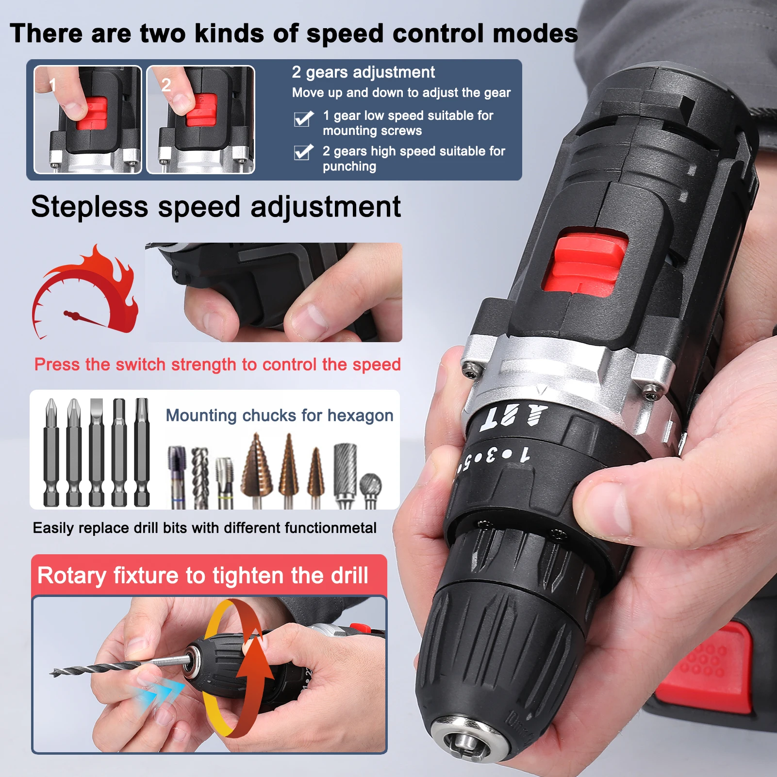 3in1 Electric Drill Handheld Lithium Screwdriver 21V Impact Drill Brushed Motor Stepless Speed Regulation Utility Power Tool