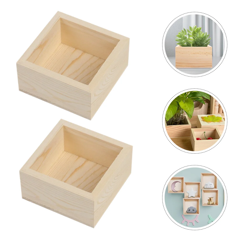 5PCS Unfinished Square Nursery Pots Storage Boxes Small Wooden Planter Pots for Succulents Indoor Plants and Craft DIY Projects