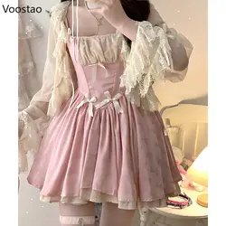 Japanese Kawaii Lolita Mini Dress Summer Women Sweet Satin Bow Sling Dress Gothic Girls Cute Y2k Sleeveless Straps Dress 2023