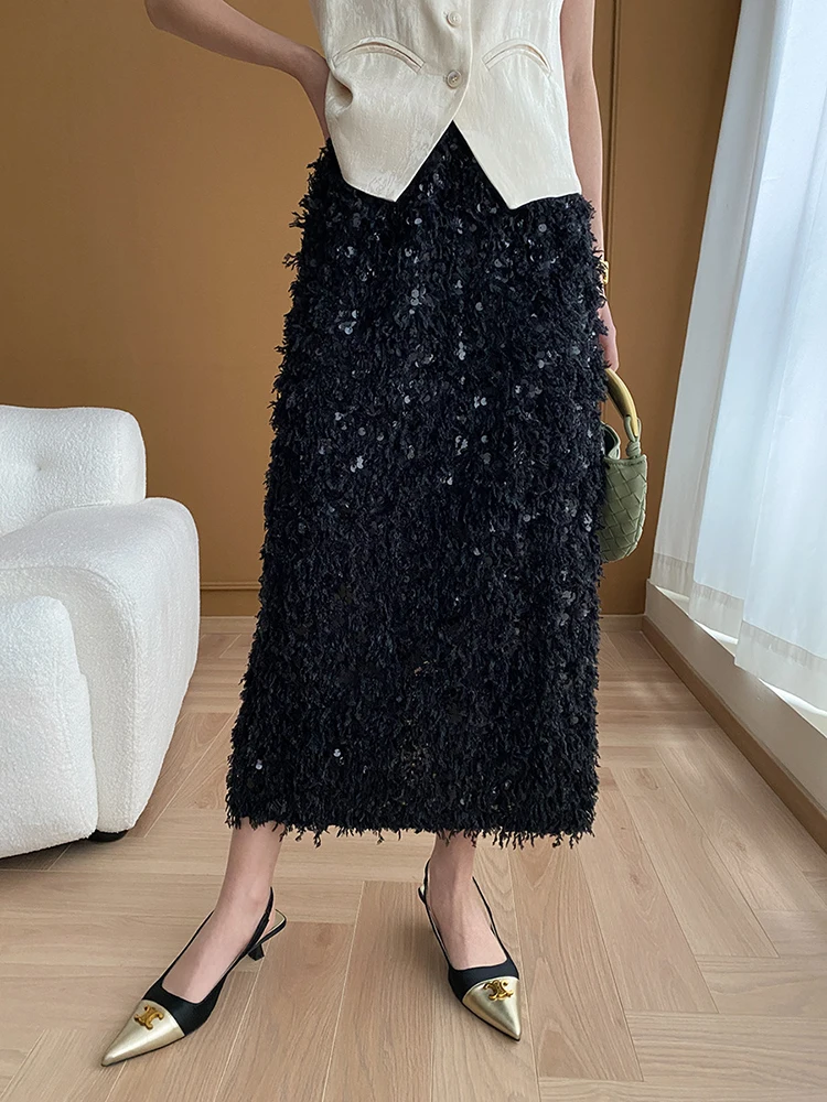 Elegant Splicing Women Midi Skirts Y2K Korean Chic High Waist Rear Slit Sequin A-Line Skirt Spring New Fashion Femme Party Skirt