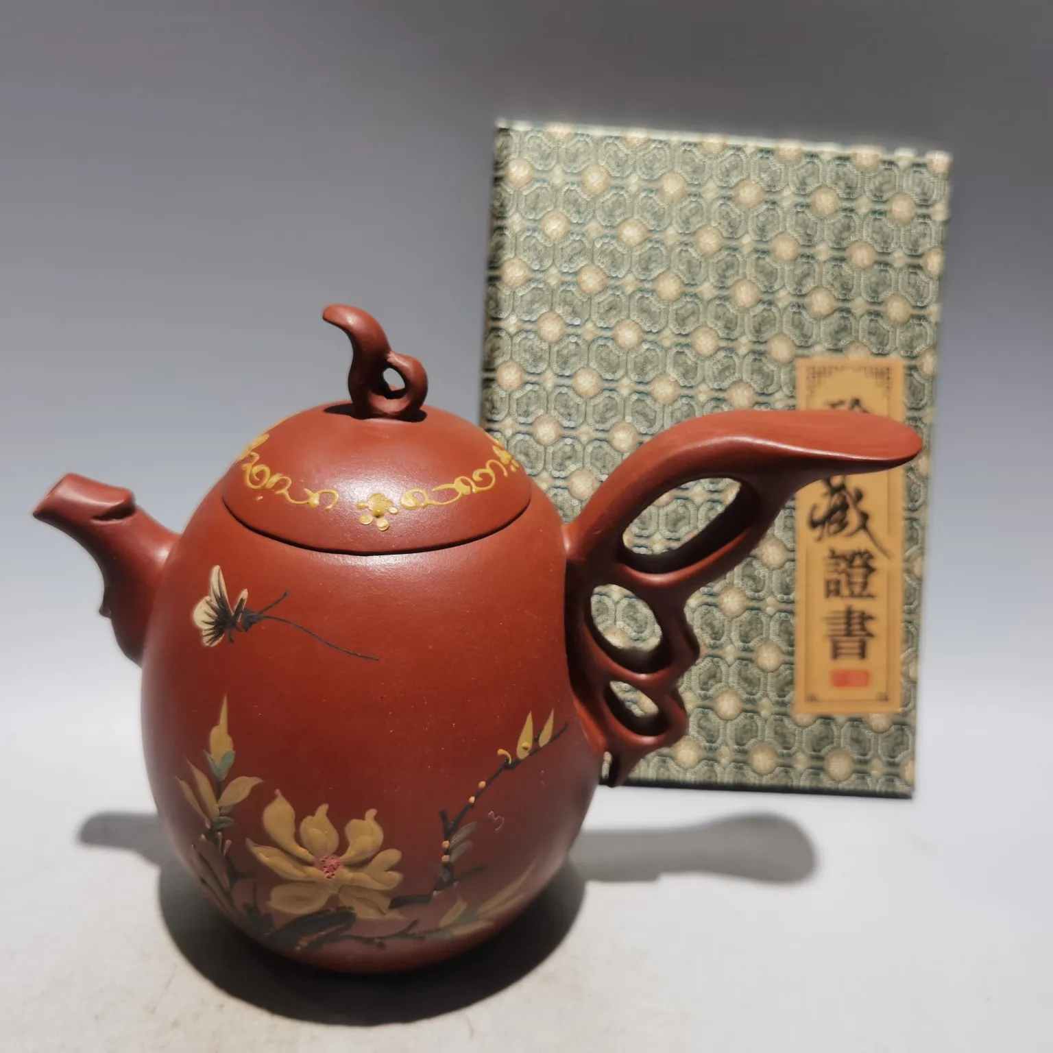 

7"Chinese yixing Purple Clay Pot Butterfly Butterfly kettle teapot flagon red mud Office Ornaments Gather Fortune Town House